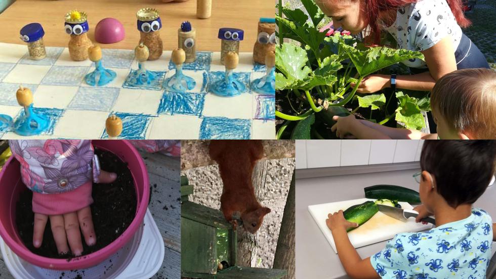 Collage mit Bildern aus dem nachhaltigen Alltag der AWO Kita Feldhäuschen: ein selbstgebasteltes Schachspiel, Erzieherin und Kind am Gemüsebeet, Kind schneidet Zucchini, Eichhörnchen am Futterkasten, Topf mit Erde und Kinderhand