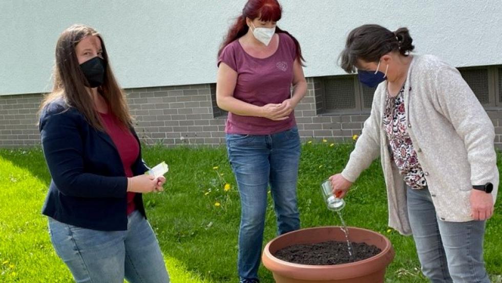 Die Aussaattöpfe werden gewässert
